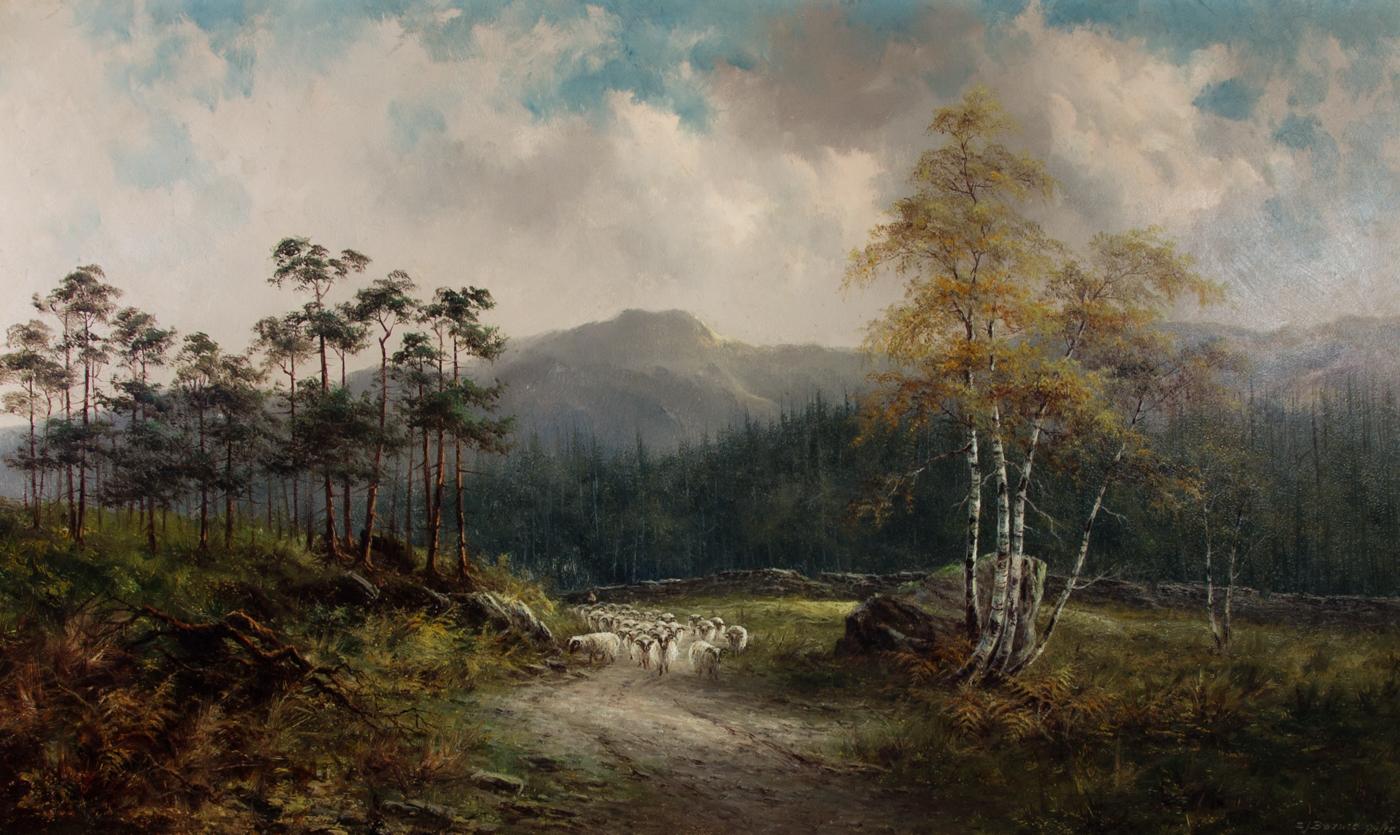 Sulis Fine Art is proud to present a very fine landscape by the well regarded Victorian artist Samuel John Barnes. Here the artist has captured an expansive Scottish landscape with distant snow topped mountains and a flock of highland rams in a