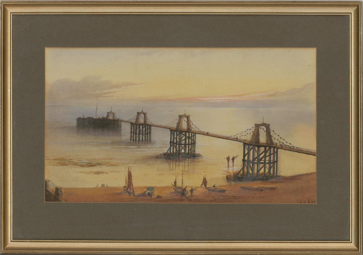 A fine and delicately painted watercolour with gouache highlights and gum arabic by the listed artist William Arthur Earp, depicting Chain Pier in Brighton. It is well presented in a dark grey card mount and dark gilt effect frame. A very similar