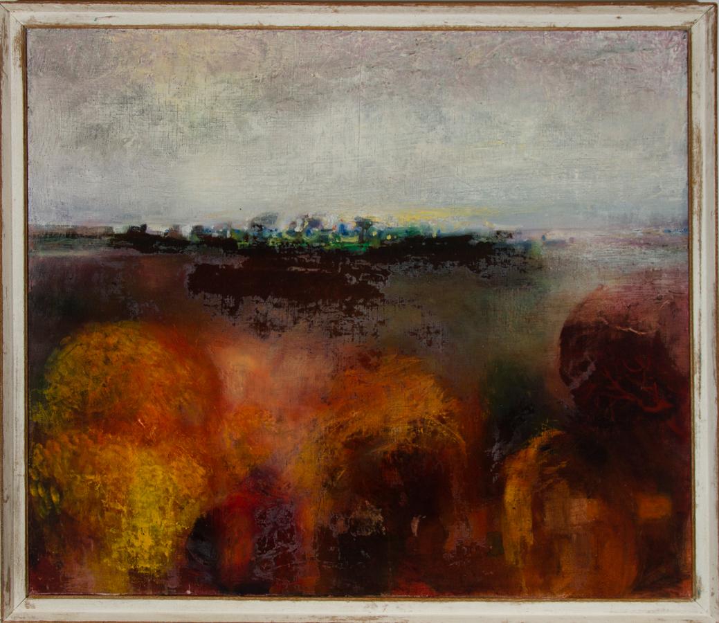 A very fine and dynamic abstract landscape in oil by the artist John Ivor Stewart PPPS (1936-2018), entitled 'Bog Landscape, North Derry'. The fervour and movement in the canvas is suggestive of a personal connection with the landscape, as the