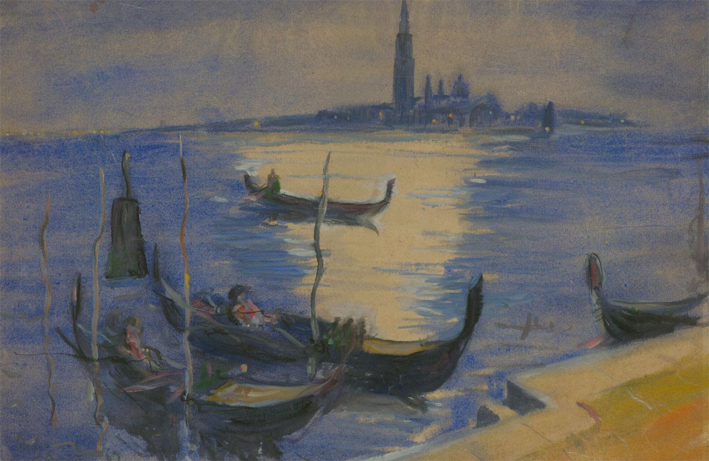 An expressive depiction of the Giudecca Canal and San Giorgio Maggiore in Venice by British artist Olaf Barnett. His additional use of gouache and pastel detail gives the composition a dramatic quality. An intense moonlight reflects off the river,