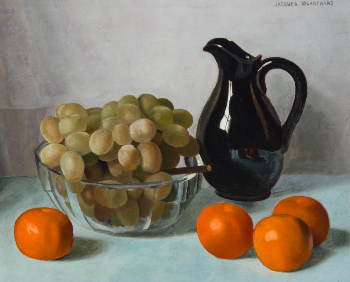 An exquisite 20th century still life by the French artist Jacques Blanchard. Here Blanchard has depicted a bowl of grapes, tangerines and a large jug set against a blue background. This fine composition has all the hallmarks of Jacques' instantly