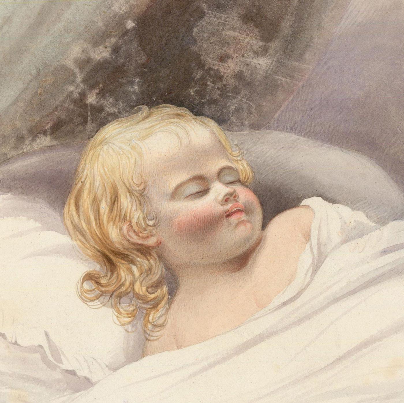 A very fine circular watercolour study of a sleeping baby. Later inscribed with initials and title to the reverse, presumably taken from an inscription on the original album page.  On wove.

