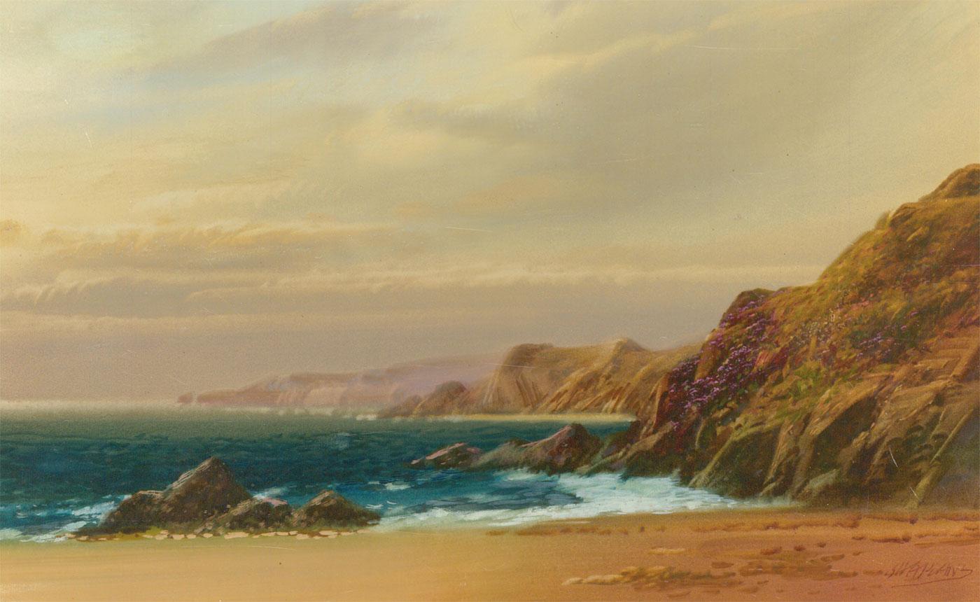 A late 19th Century coastal landscape depicting a beach with cliffs in the distance, possibly of the Cornish Coast due to the artist living in the area. Well presented in a gilt frame with a cream mount. Signed. On wove.
