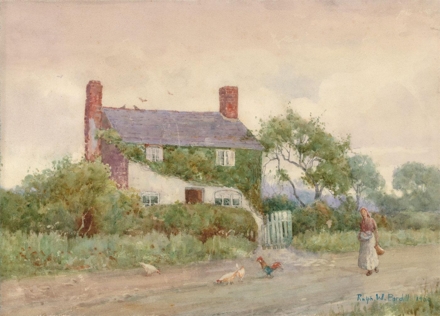 Attrib. Ralph William Bardill Figurative Art - 1909 Watercolour Signed Bardill, Cottage Scene