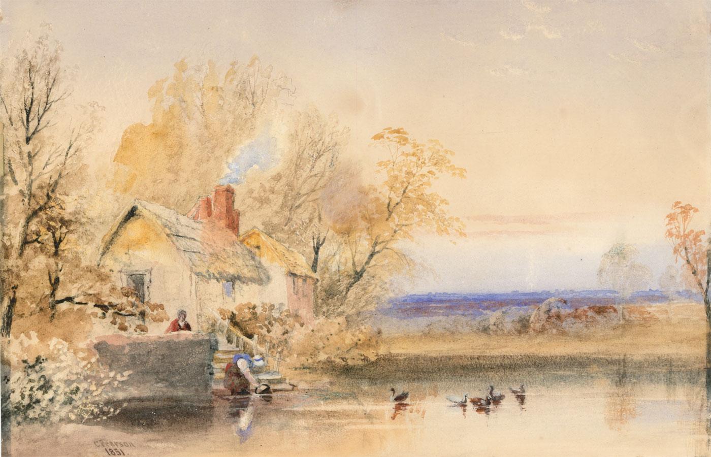 Cornelius Pearson (1805-1891) - 1851 Watercolour, Figures by Waterside Cottage