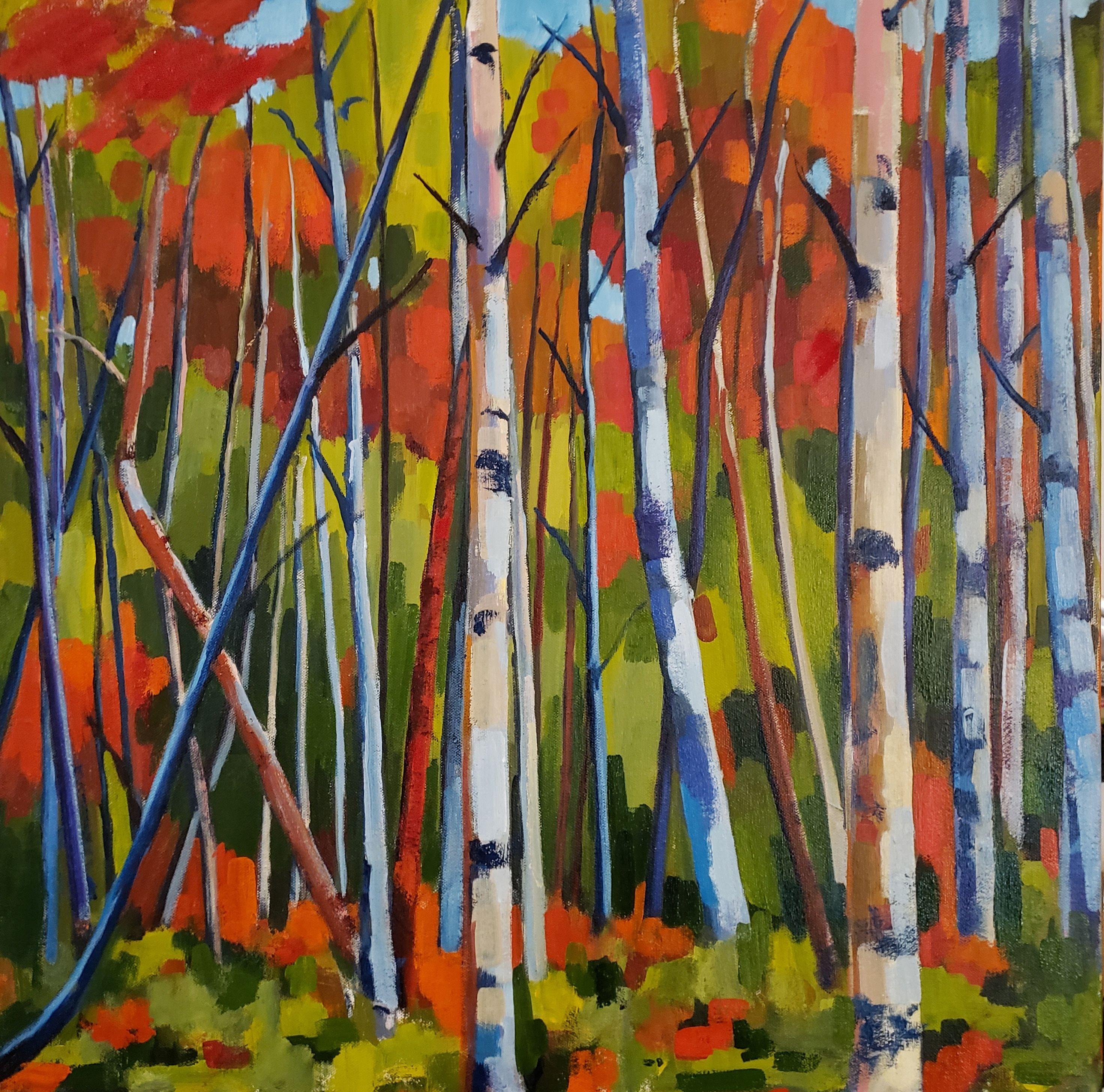 Jardín de abedules con arena roja, Pintura, Óleo sobre lienzo - Painting de Jenn Hallgren