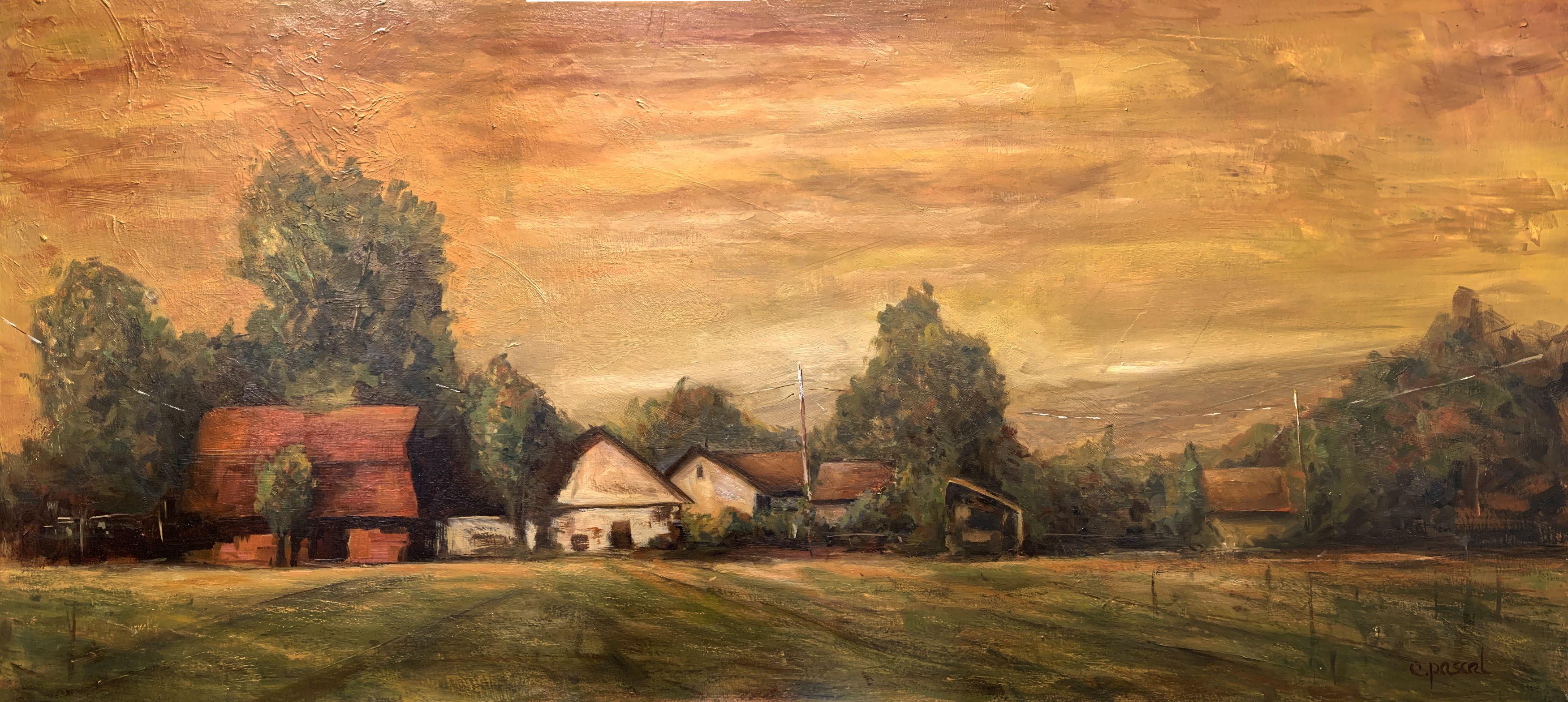 Terreno agricolo alla luce dell'autunno, Pittura, Olio su pannello di legno - Painting di Etienne Pascal