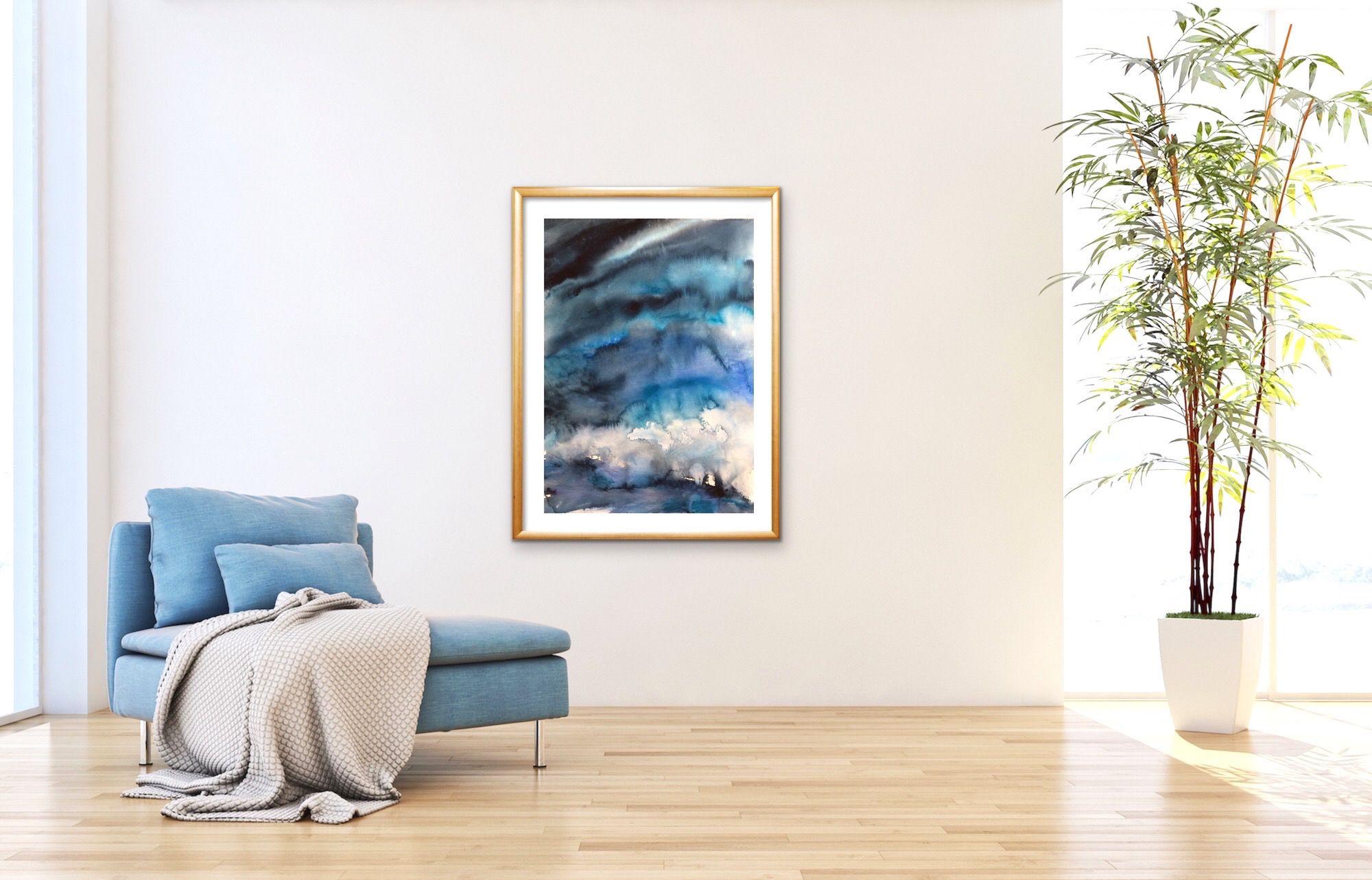 A big size contemporary watercolor about the fantastic light at the Baltic Sea, when the autumn storms are coming, a real statement piece. I love this beautiful blue atmosphere and that can also be seen as a metaphor for emotions and inner feelings.