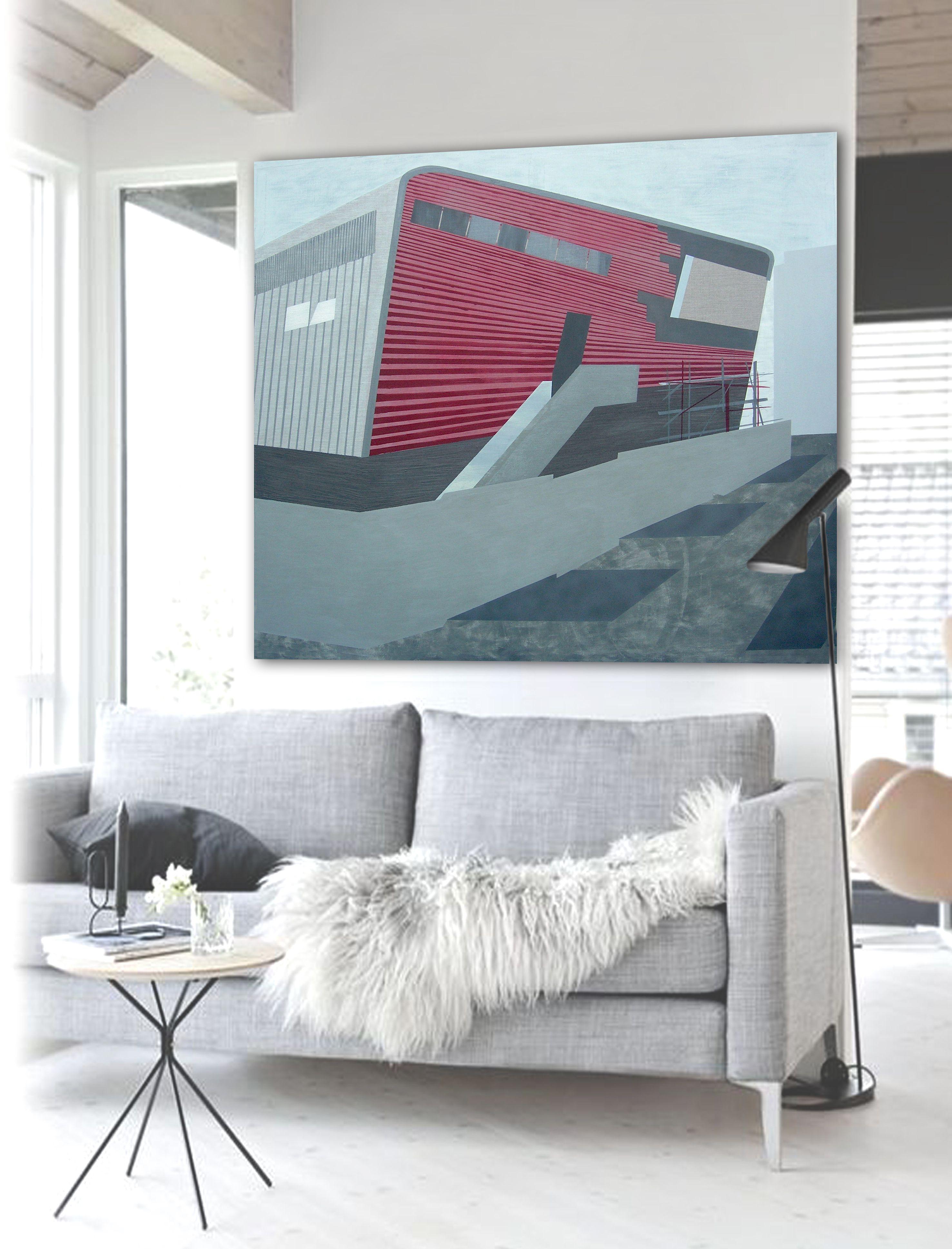Original extra large painting of modern architecture /a building of fitness and wellness center in Prague was created with acrylic colors on canvas.    The size of this particular artwork:    Height : 57,1 inches (145 cm)  Width : 63 inches (160 cm)