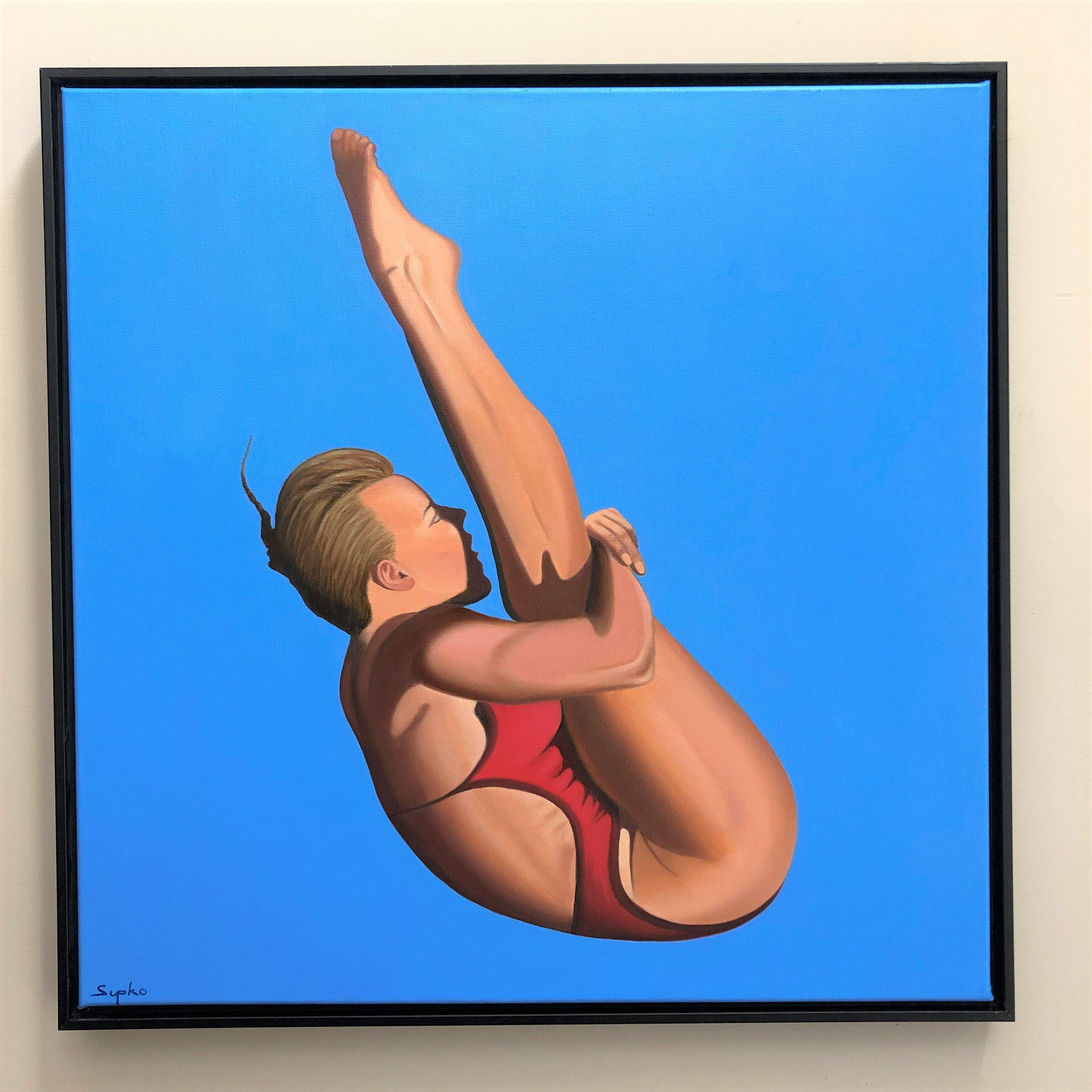 I spend a lot of time in the summer near the pool and there is a never ending amount of painting ideas around or neat the pool.  This painting is a figurative piece with a diving theme.  It was a very challenging piece getting the drawing nailed
