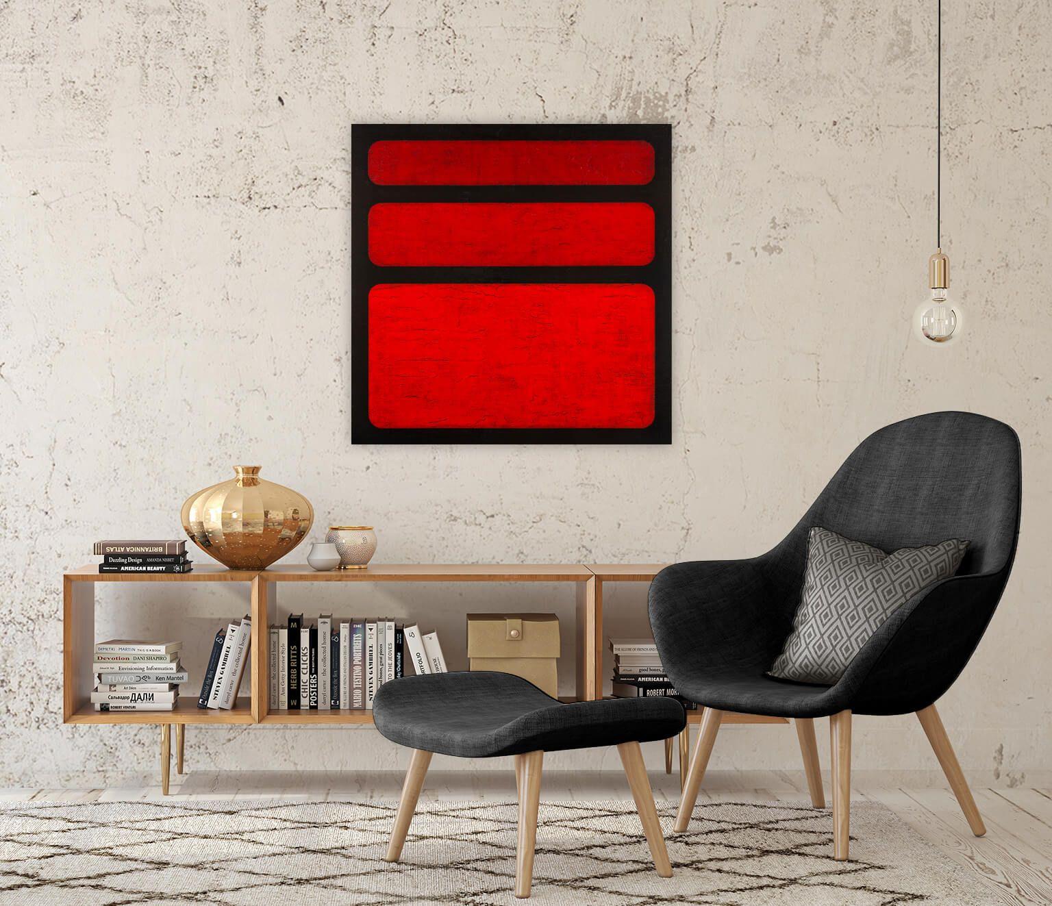 Simply Red is Rothko inspired abstract painting in all red and black.  The cadmium color red gets lighter as you move down the painting. The underlying texture is highlighted throughout the painting and finished with a gloss UVL varnish that really