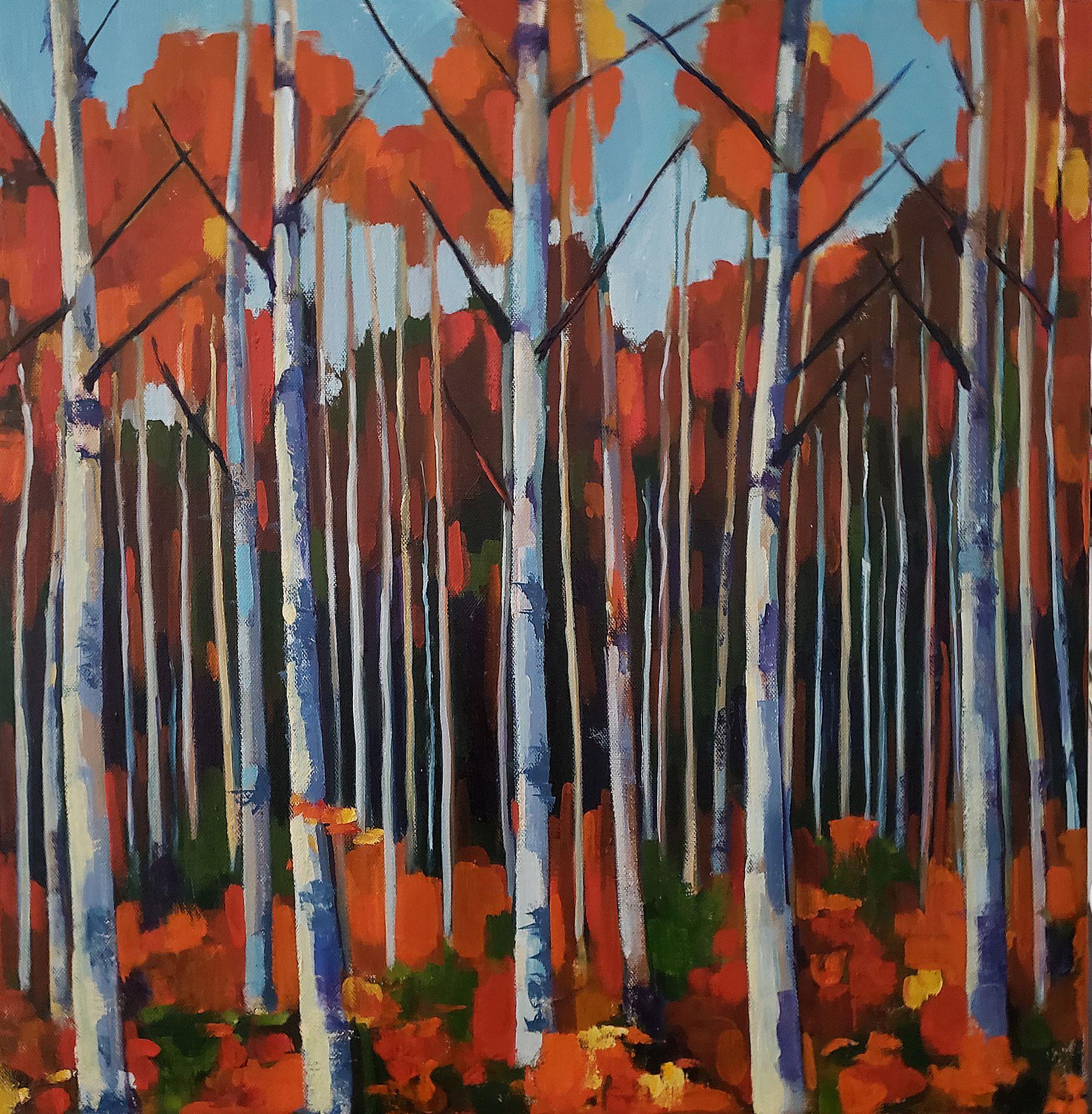 Petite forêt de bouleau, peinture à l'huile sur toile - Painting de Jenn Hallgren