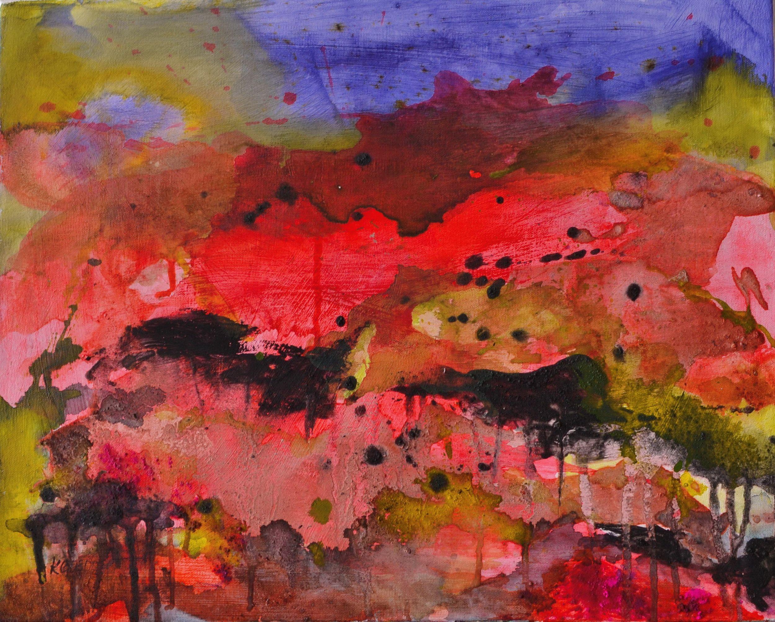 An impression of Tuscany!    Bright and muted reds, warm yellow-green, a bit of blue and black - these are the colours of this landscape in Tuscany - and of this work.    For texture I added some ashes to the ink as you can see in the detail