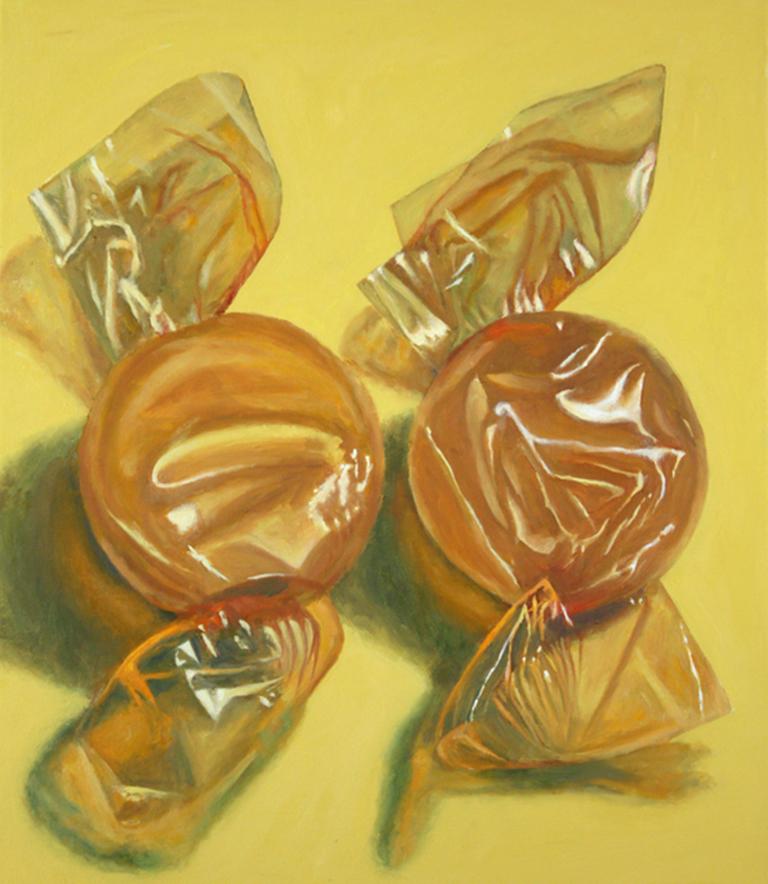 Douglas Newton Still-Life Painting - Two Butterscotch, colorful realistic candy oil painting, yellow tones