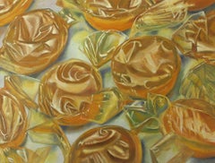 Butterscotch 2, un dipinto a olio coloratissimo e iperrealistico che raffigura una caramella gialla nella sua confezione