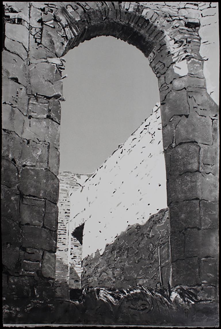 Approaching Slains Castle, #11, monochromatic black / white architectural ruins - Art by Agnes Murray