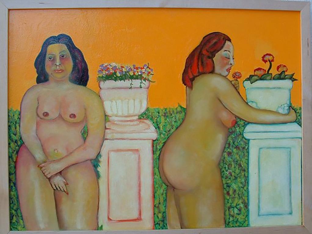 Stephen Basso Figurative Painting - garden variety nudes, narrative, surreal, whimsical, bright color, outsider 