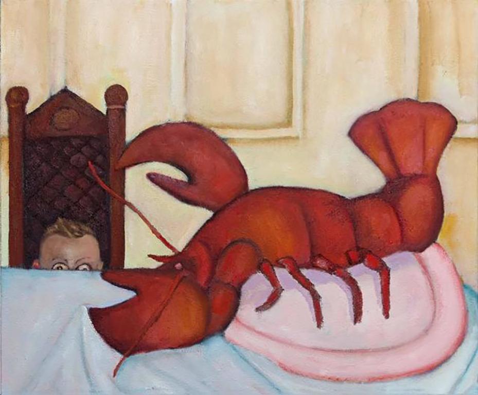 Stephen Basso Interior Painting - The Slippery Crustacean, humorous, bright color oil painting of boy and lobster