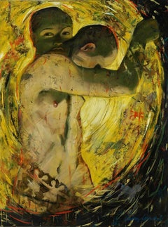 Duality, mysterious androgynous figure earth tone, yellow