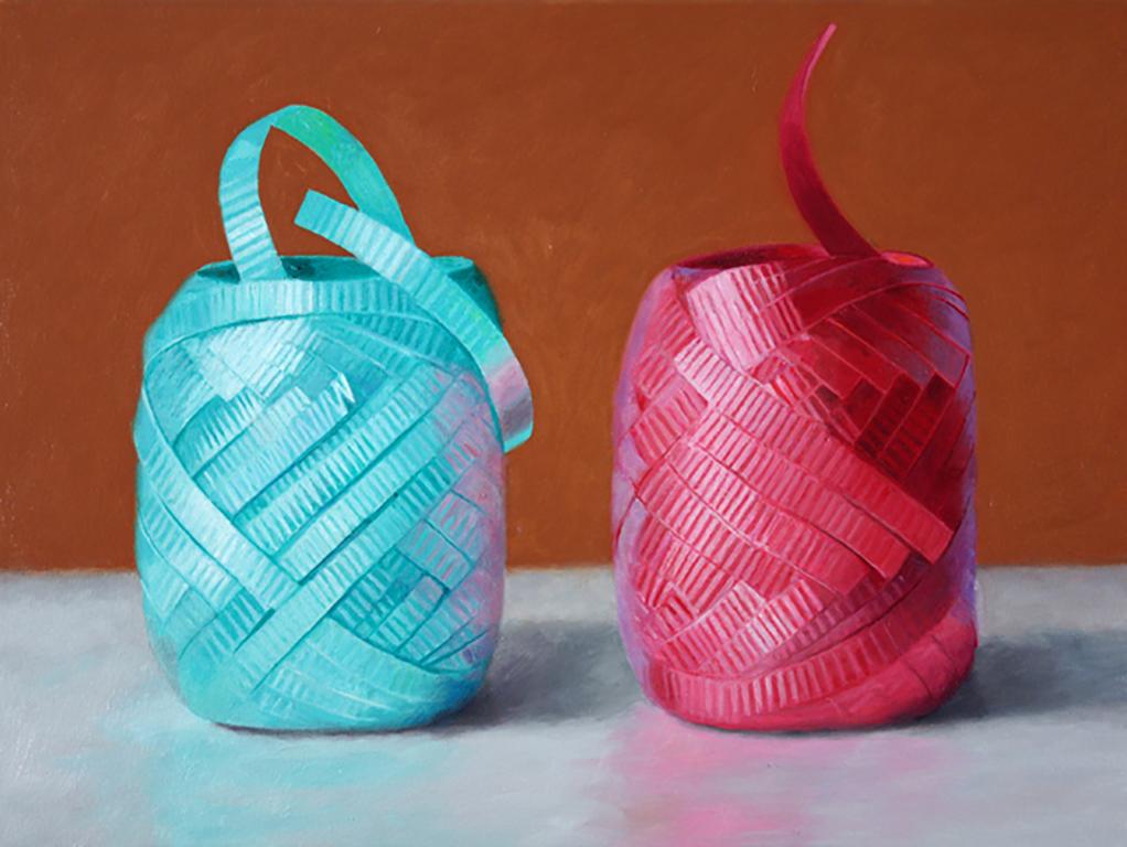 Douglas Newton Still-Life Painting - Spools of Ribbon, bright red, turquoise super realism