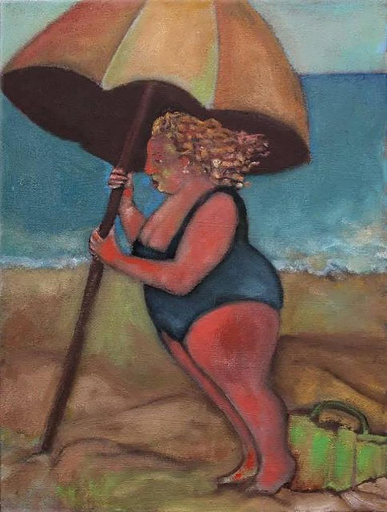 Stephen Basso Landscape Art – Gegenwind, weibliche Figur mit Sonnenschirm Strand blau Meer Sand