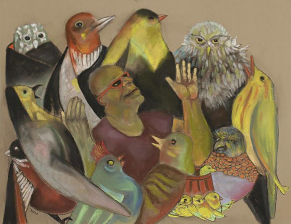 Stephen Basso Animal Art - rare birds, man with hands raised, colorful pastel humor