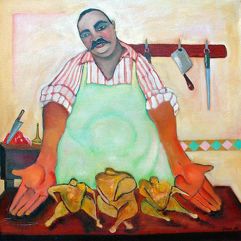 Stephen Basso Interior Painting - Butcher, colorful whimsical food charcter