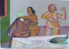 Three Graces with Pearls, multi-cultural nude women, modern classical theme