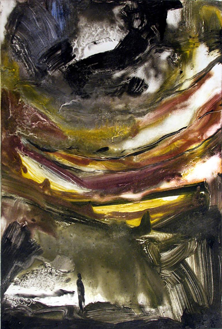 Tom Bennett Abstract Drawing - Nocturne Cave, abstracted earth tones, energetic brushwork