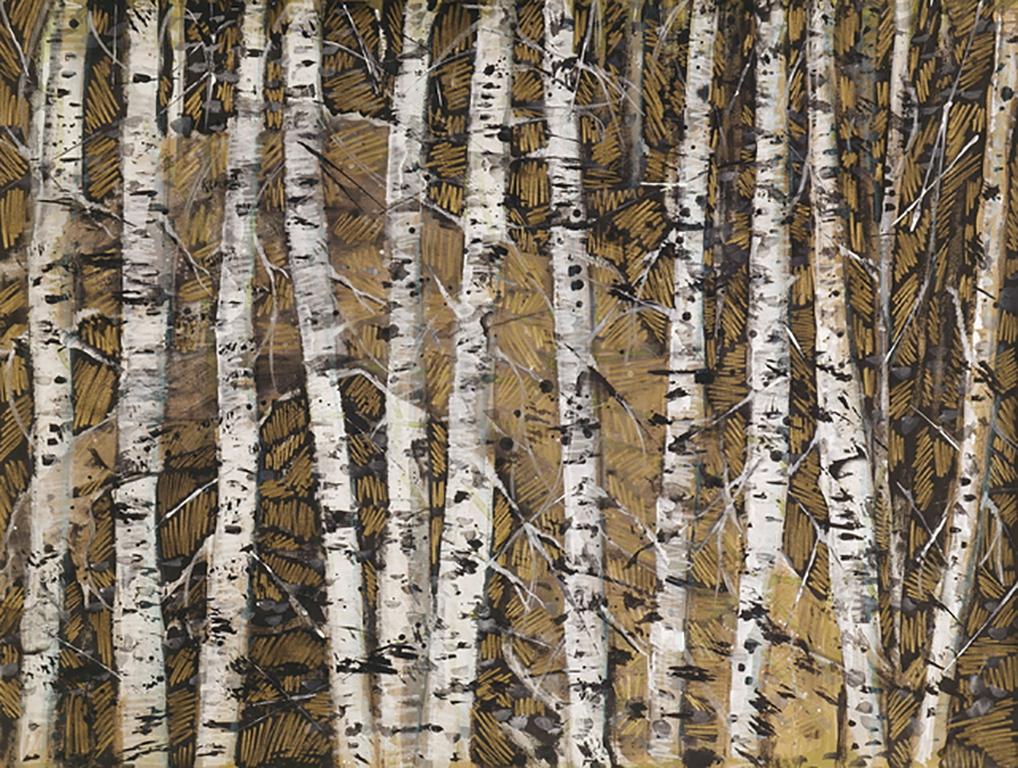 Audrey Frank Anastasi Landscape Art - Feminine Devine, figure within landscape of birch trees gold tones nature