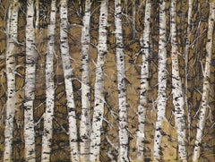 Antique Feminine Devine, figure within landscape of birch trees gold tones nature