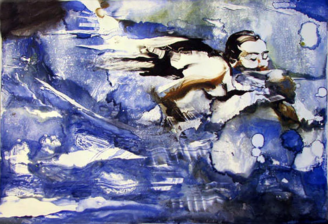 Tom Bennett Figurative Art - Jugged Hare, blue swimmer water monochromatic