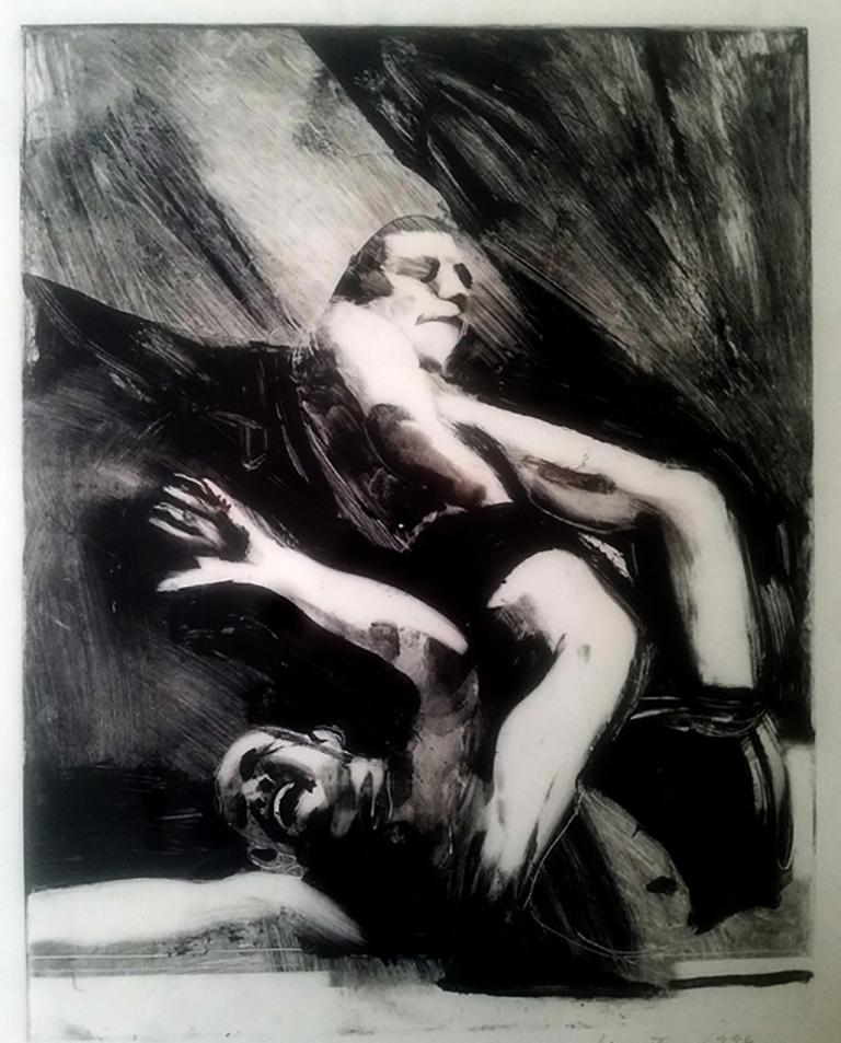 Tom Bennett Figurative Art - Wrestlers, monochromatic sports dramatic black and white