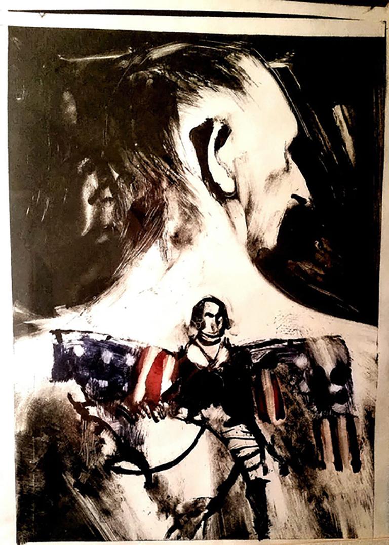 Tattooed Back, monochromatic male figure w American flag, profile - Art by Tom Bennett