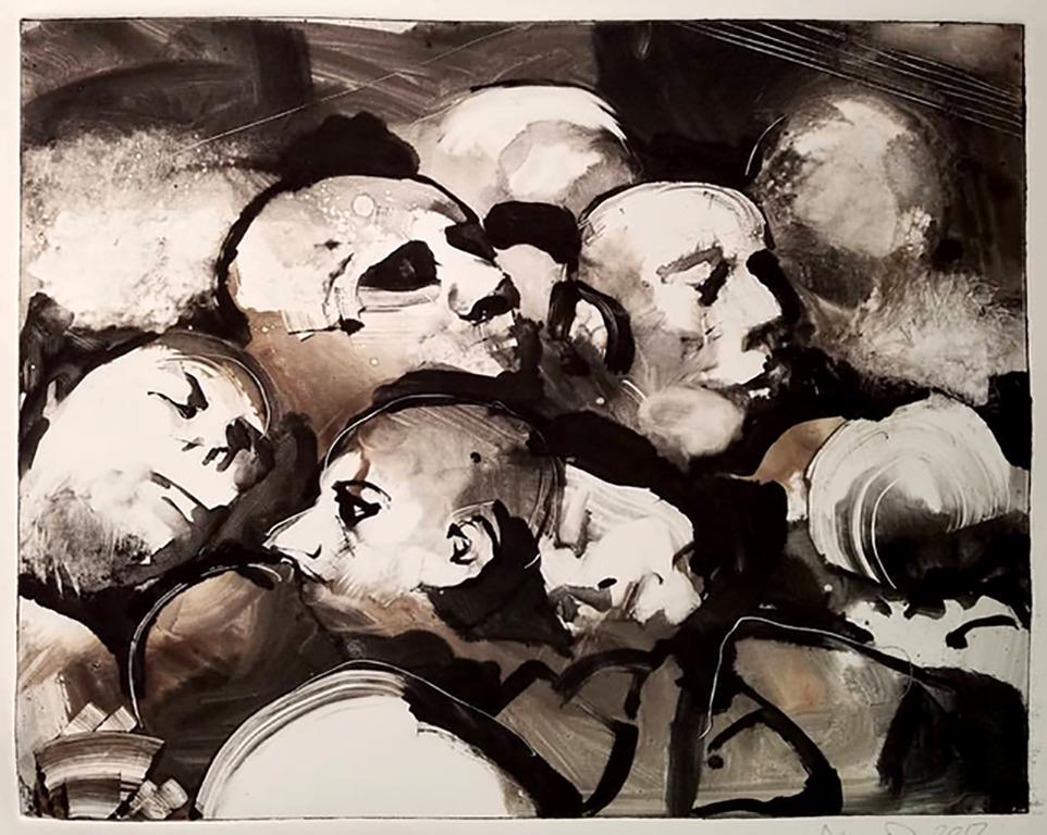 Burma Shave, monochromatic, dramatic monotype, multiple faces