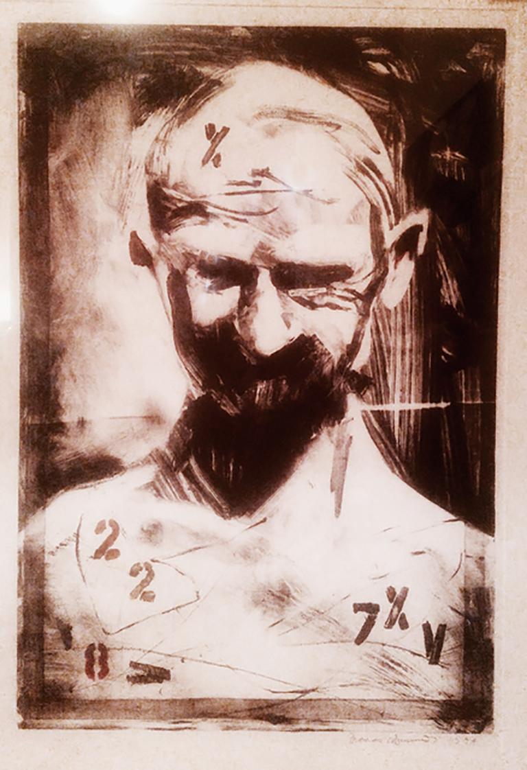 Tom Bennett Figurative Art - Bald, brown tones, monotype, head and shoulders with numbers, text