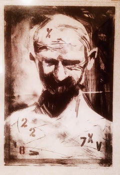 Bald, brown tones, monotype, head and shoulders with numbers, text
