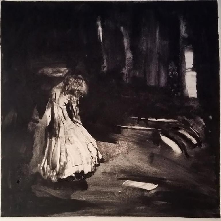 Tom Bennett Figurative Art – Sleepwalking #15, dunkle Töne, monochrom, geheimnisvoll