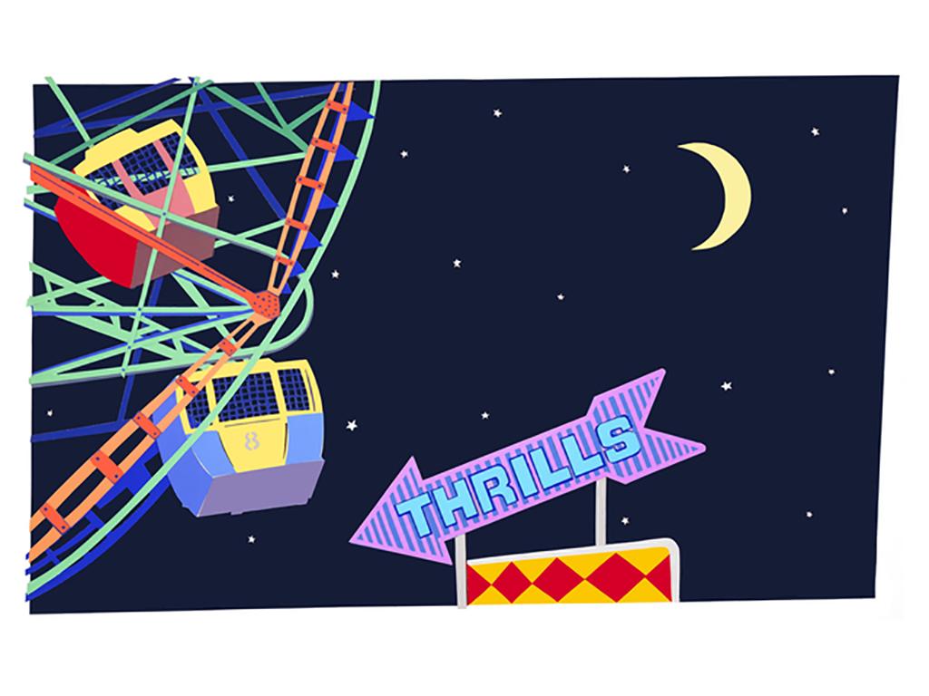 Philomena Marano Landscape Print - Thrills / Coney Island, night scene with moon, stars and text