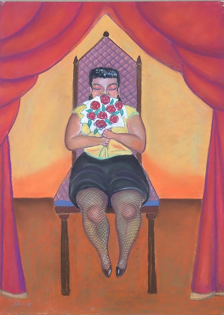 small woman on a big chair, figurative, colorful, botero-like, pastel, paper