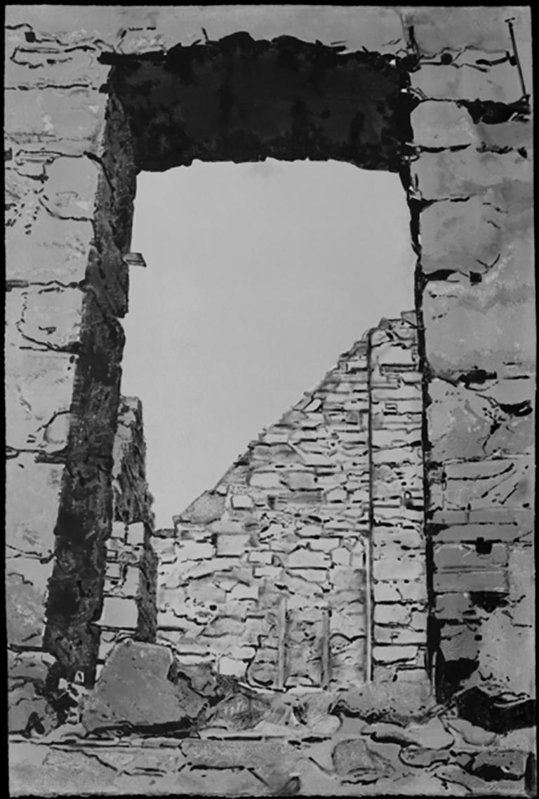 Agnes Murray Landscape Art - Aproaching Slains Castle, #10, monochromatic black and white architectura castle