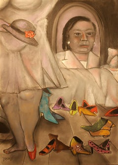 Chapeau dans la bague, pastel sur papier d'archives sur le thème de la mode avec chaussures, miroir