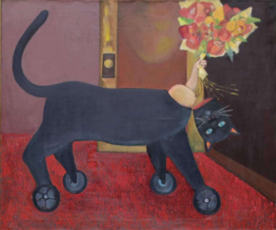 Stephen Basso Animal Painting - Trojan Cat, surrealist, fantasy, whimsical, cat