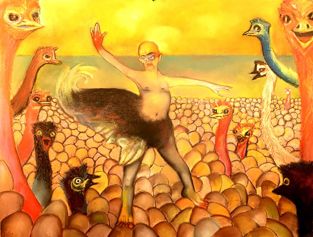 Stephen Basso Animal Art - the egg farmer, fantasy man among ostriches