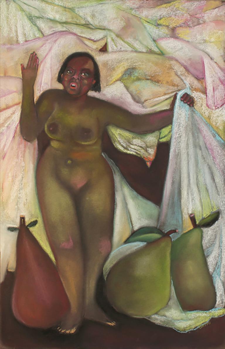 Stephen Basso Still-Life - Big Fruit Nude, colorful, imaginative nude with fruit on pastel on toned paper