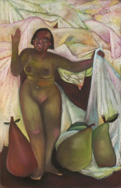 Big Fruit Nude, colorful, imaginative nude with fruit on pastel on toned paper