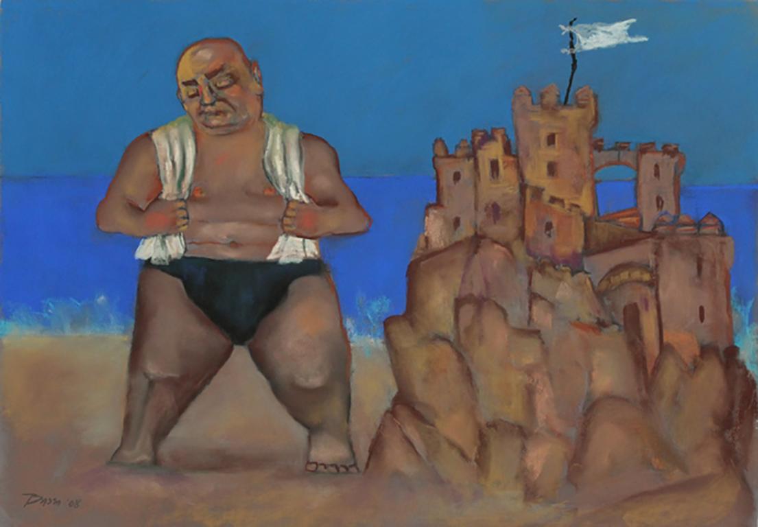 builder of cities, sand castle colorful beach fantasy narrative, blue, tan tones