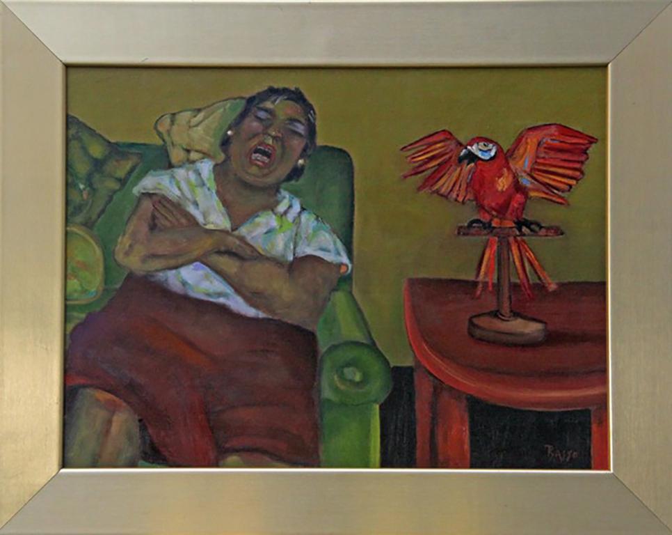 Stephen Basso Animal Painting - Mrs. K and Cherrybomb, colorful sleeping woman and red parrot