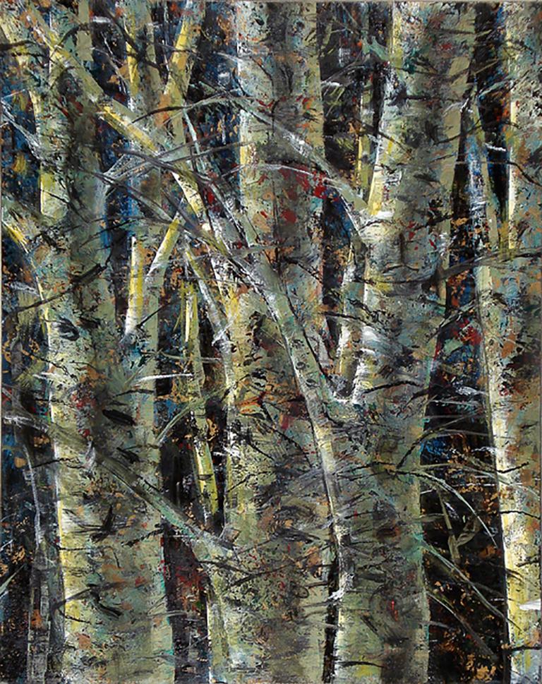Winter Birch, abstract patterns, forest, birch tree - Painting by Audrey Frank Anastasi