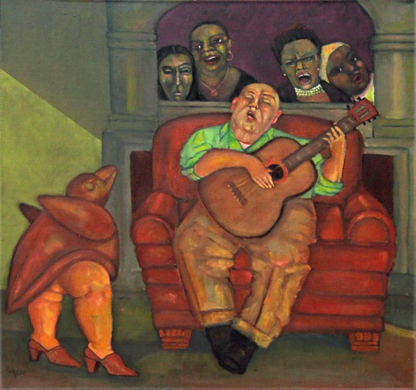Stephen Basso Interior Painting - A Song for Goya, colorful musical theme painting